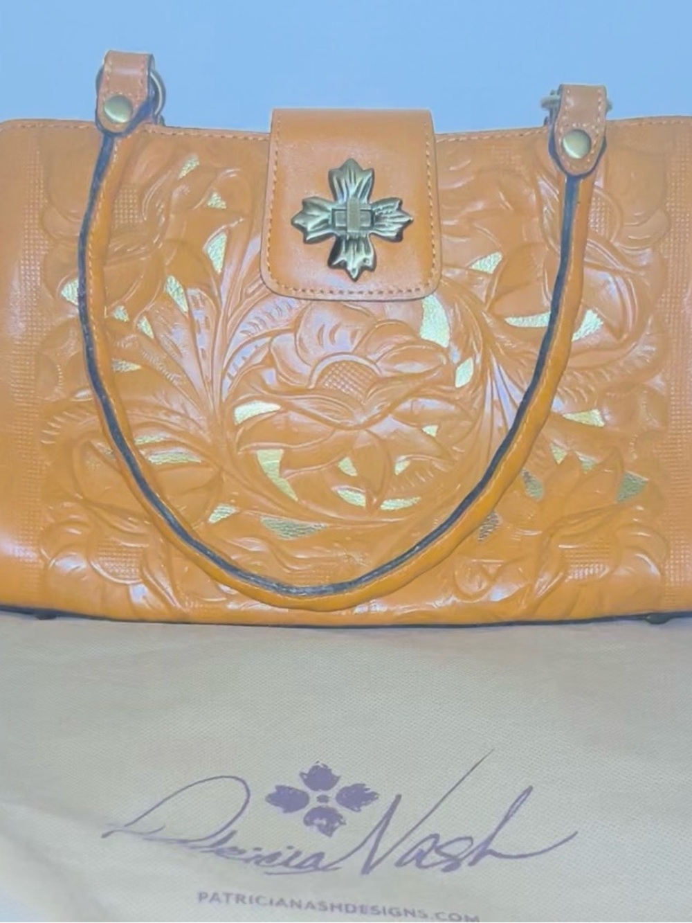 Patricia Nash Orange And Gold Tooled Leather Floral Shoulder Bag